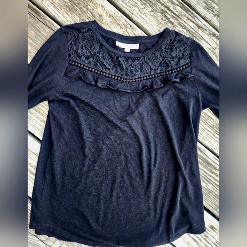 LOFT Black Ruffled Embellished Short Sleeve Tee